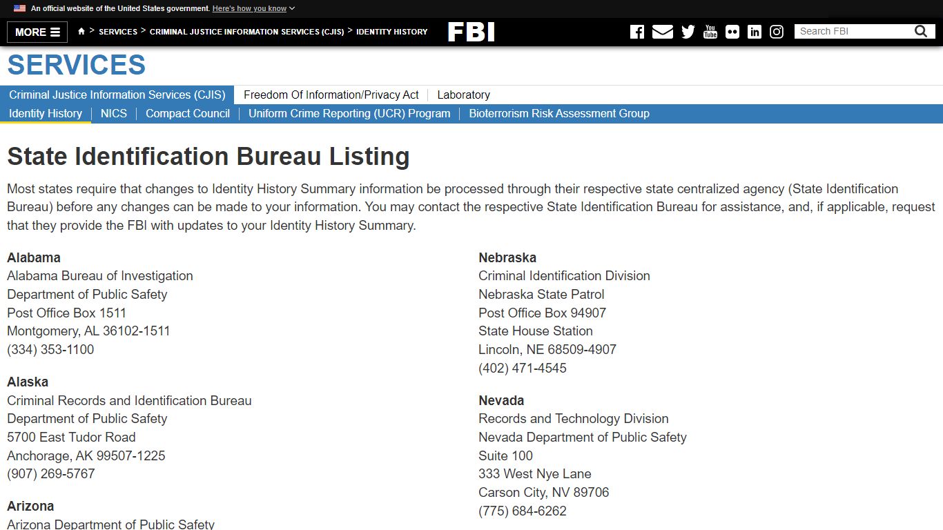 State Identification Bureau Listing — FBI